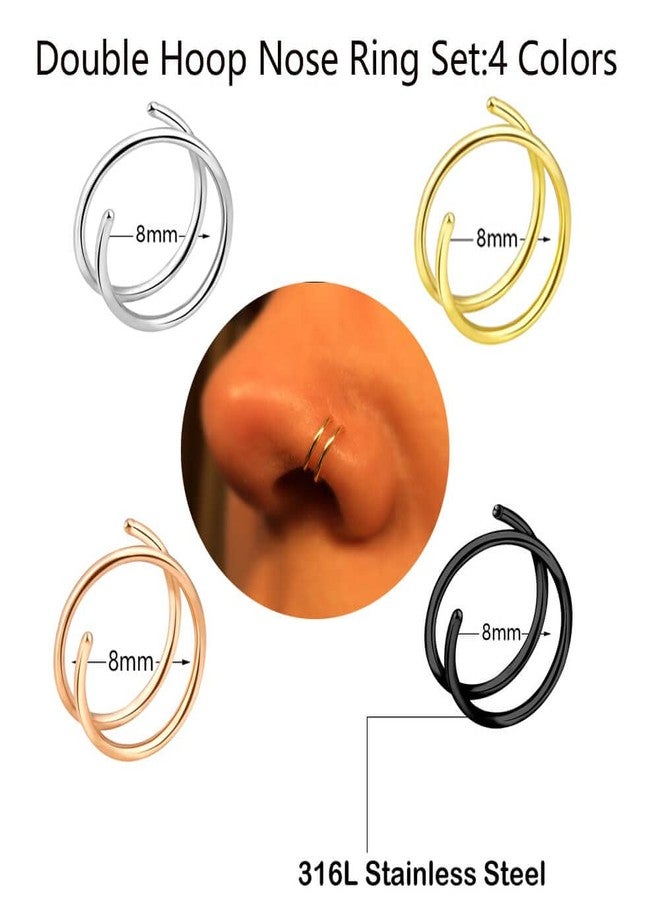 Renkovte Double Nose Ring for Single Piercing,20G Snug Spiral Nose Ring 8mm Thin Nose Rings Hoops Twist Nose Piercing Jewelry for Women Men(Left Side 4PCS 8mm) - Image 3